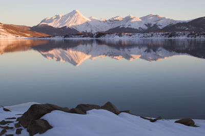 Scenic view of lake by snowcapped mountains against sky