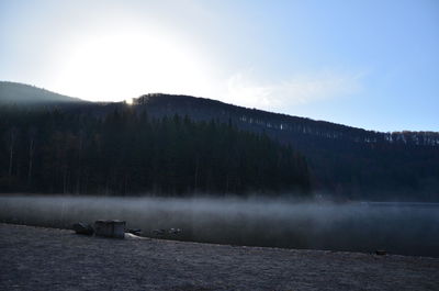 Scenic view of lake by mountain against sky