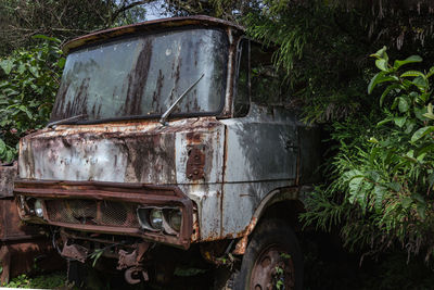 Abandoned car on field