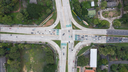 High angle view of bridge over road in city