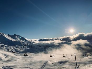 Scenic view of snow covered mountains against sky