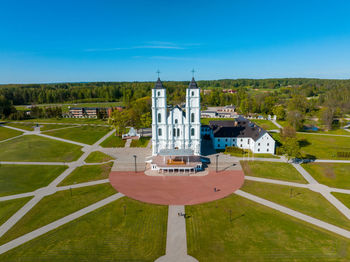 Beautiful aerial view of the white chatolic church basilica in latvia, aglona.