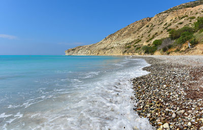 Scenic view of sea against clear blue sky