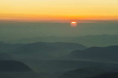 Scenic view of silhouette mountains against sky during sunset