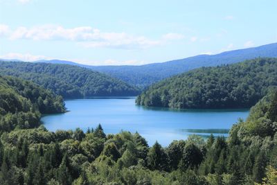 Scenic view of lake and mountains against sky