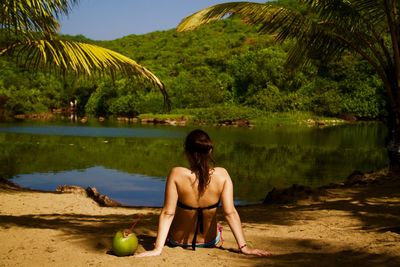 Rear view of woman sitting by lake against sky