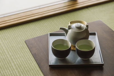 High angle view of tea cup on table