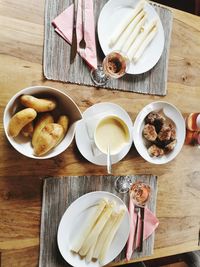 High angle view of food served on table