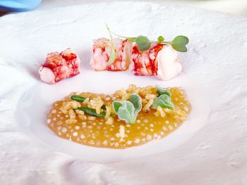 High angle view of food served on table