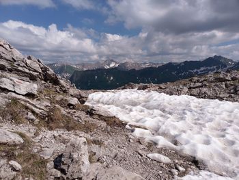 Scenic view of snowcapped mountains against sky