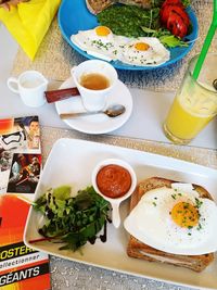 High angle view of breakfast on table