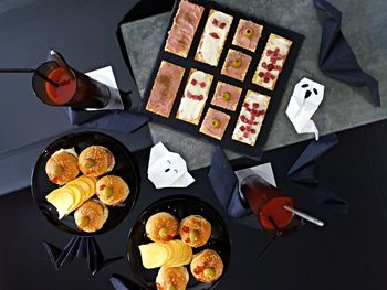 High angle view of breakfast on table