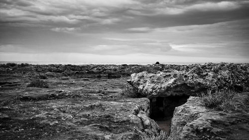 Rock formations on landscape against sky