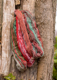 Colored wool yarn skeins on an old wooden stump, handicraft concept, hand knitting, autumn time