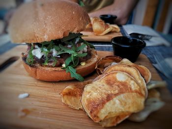 Close-up of burger in plate on table