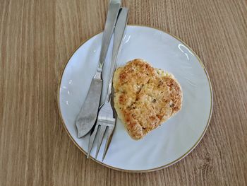 High angle view of breakfast in plate on table