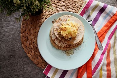 High angle view of breakfast served on table