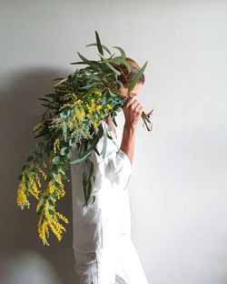 Low angle view of flowering plant against white wall