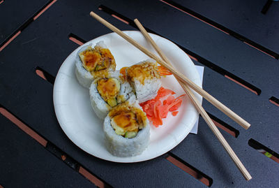 High angle view of sushi served in plate