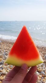 Close-up of hand holding fruit on beach against sky