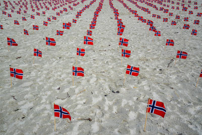 High angle view of text on beach