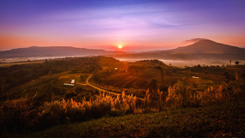 Scenic view of field against sky during sunset