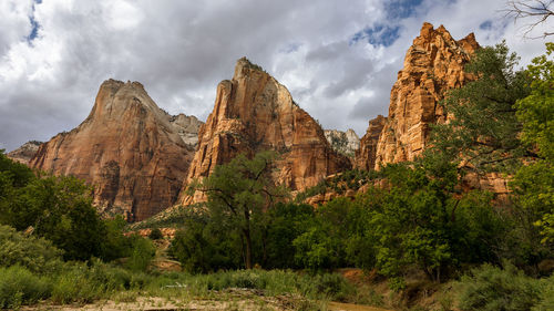 The court of the patriarchs is a grouping of sandstone cliffs in zion national park.