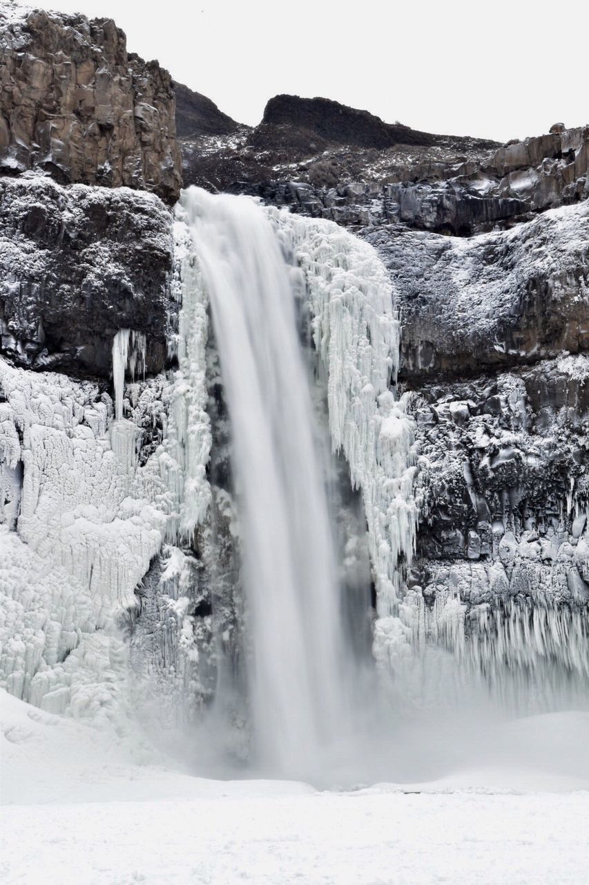 nature, waterfall, beauty in nature, travel destinations, travel, flowing, scenics, water, environment, outdoors, long exposure, landscape, winter, motion, snow, vacations, no people, day, sky