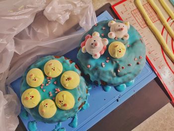 High angle view of cake on table