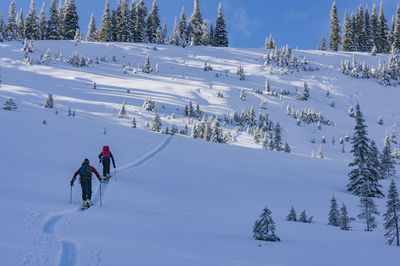 People climbing snowcapped mountain against sky