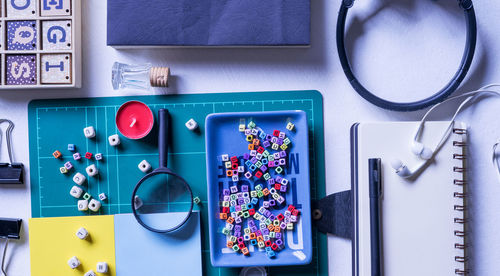 High angle view of various objects on table