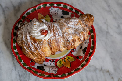 High angle view of dessert served on table