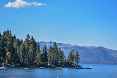 Scenic view of lake and mountains against blue sky