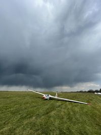 Airplane on field against sky