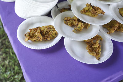 High angle view of food in plate on table