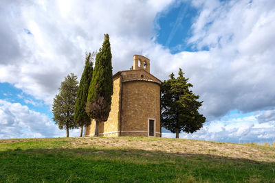 Low angle view of old ruins against sky