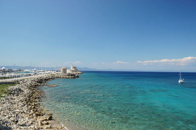 Scenic view of sea against blue sky