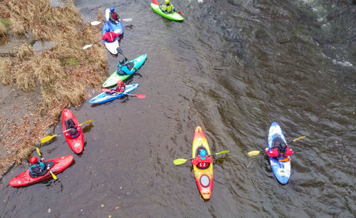 High angle view of people in boat