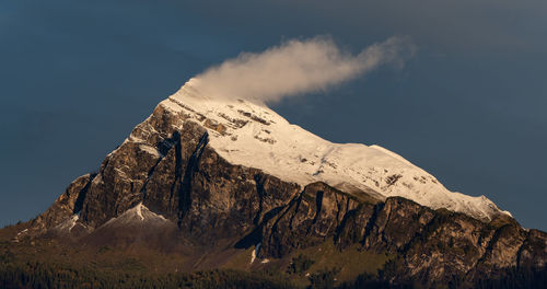 Low angle view of snowcapped mountain against sky