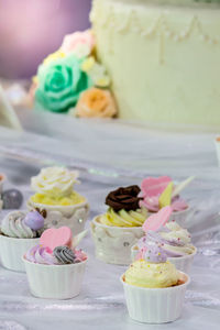 Close-up of cupcakes on table