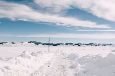 Snow covered landscape against sky