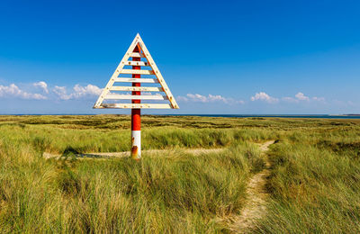 Traditional windmill on field against blue sky