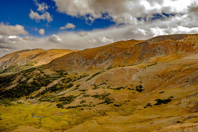 Scenic view of mountains against cloudy sky