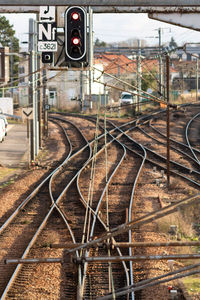 Railroad tracks with city in background