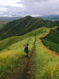 Rear view of a person walking on landscape