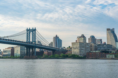 Suspension bridge over river in city against sky