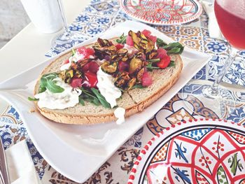 High angle view of breakfast served on table