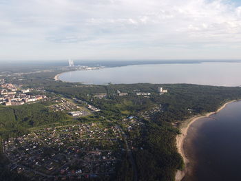 High angle view of buildings in city against sky
