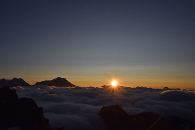 Scenic view of silhouette mountains against sky during sunset