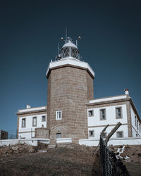 Low angle view of lighthouse by building against clear blue sky